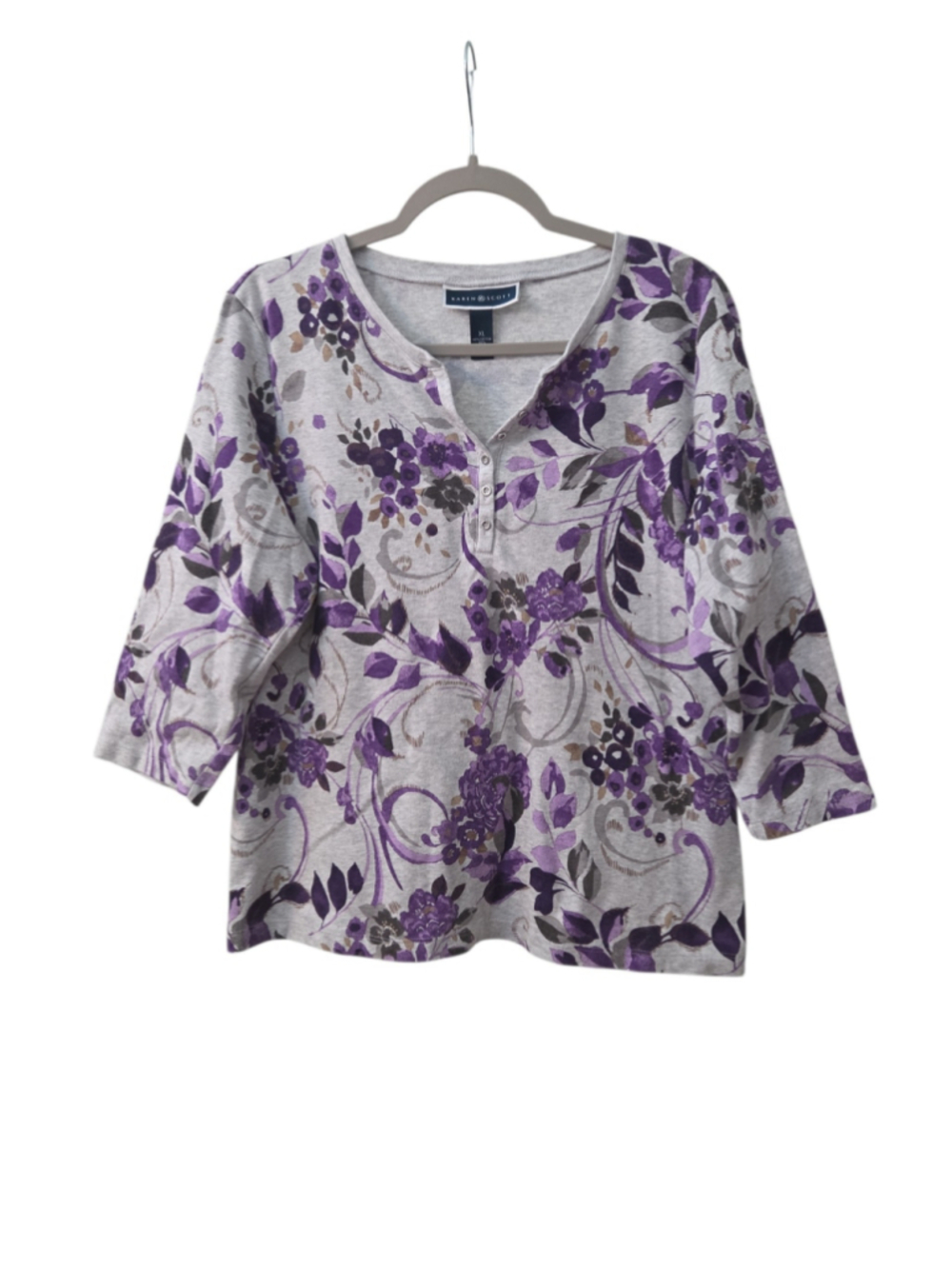 Karen Scott XL Purple Floral Henley 3/4 Sleeve Top